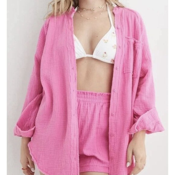 Aerie Pool to Party Gauze Coverup Shirt Small Pink Button Down Front Shirt Top - Picture 1 of 10